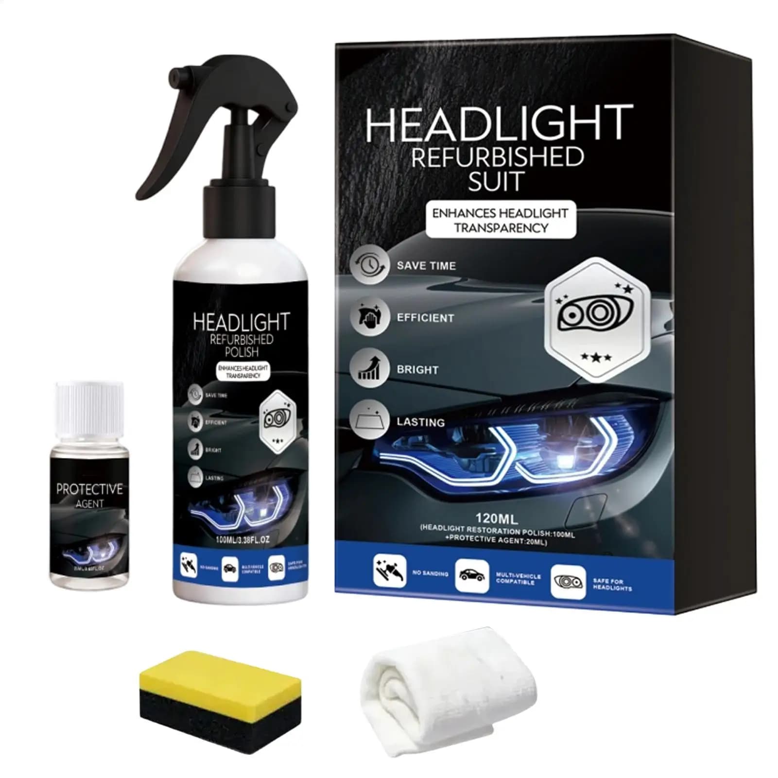 Car Headlight Restoration Scratch Removal With Sponge And Towel Automotive Headlamp Restoration Fluid For Truck SUV Motorcycle