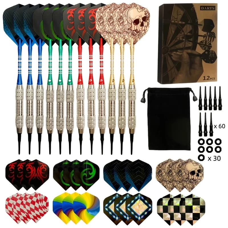 12 Piece Soft Tip Dart Kit, 17 Gram Barrel, Aluminum Alloy Shaft, Additional 8 Sets of Dart Flight, 60 Soft Tip Darts, 30 O-Ring