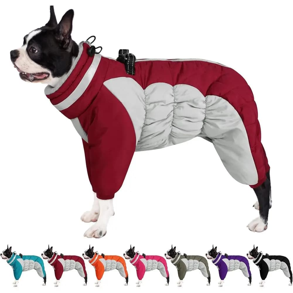 Cappotto Invernale per Cani in Pile Caldo con Imbracatura Integrata, Collo Alto Riflettente, Tuta a 4 Zampe, Rosso Natalizio, Taglia Media