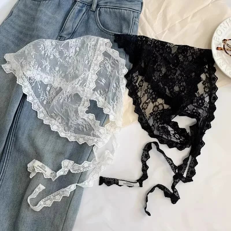 Frilly Cute Lace Bandana Scarf Convertible Triangle Head Wrap Waist Chain Belt Accessory for Sexy Women Trendy Aesthetic Outfit
