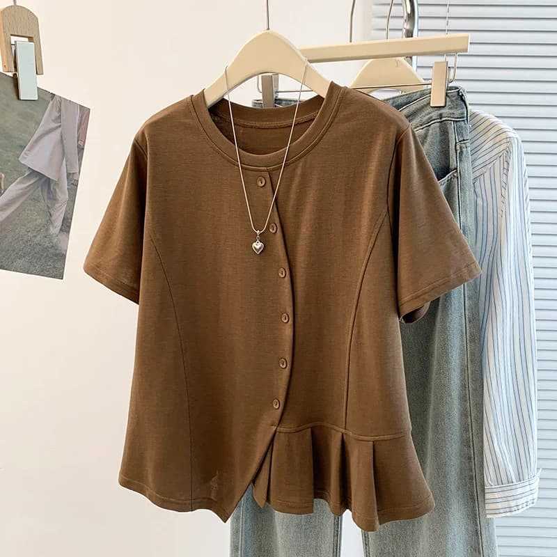 Summer New Style Korean Design Slimming Short Sleeve T-Shirt Cover Belly plus Size Fashionable Versatile City Commute Cotton ...