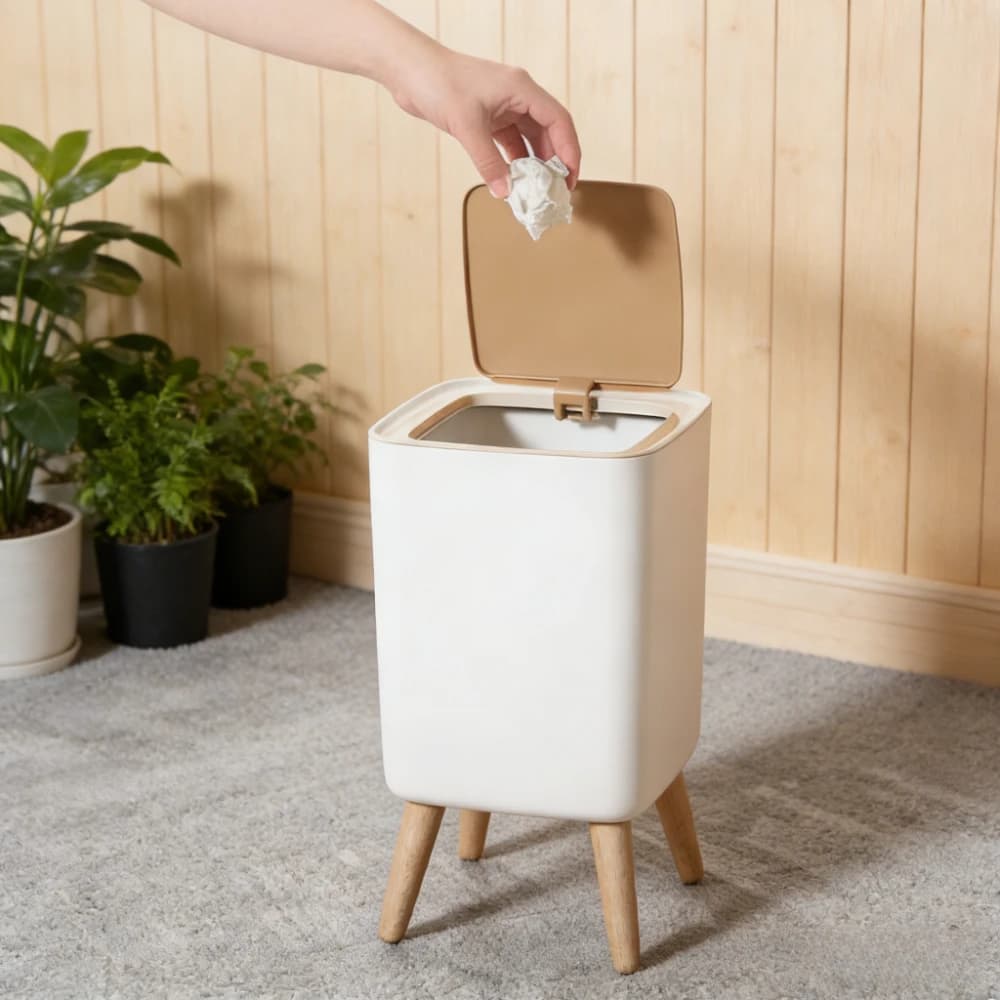 10L White Wooden Garbage Bin with Lid, Tall Legged Pedal Trash Can for Living Room Bathroom Office, Modern Kitchen Waste Bin