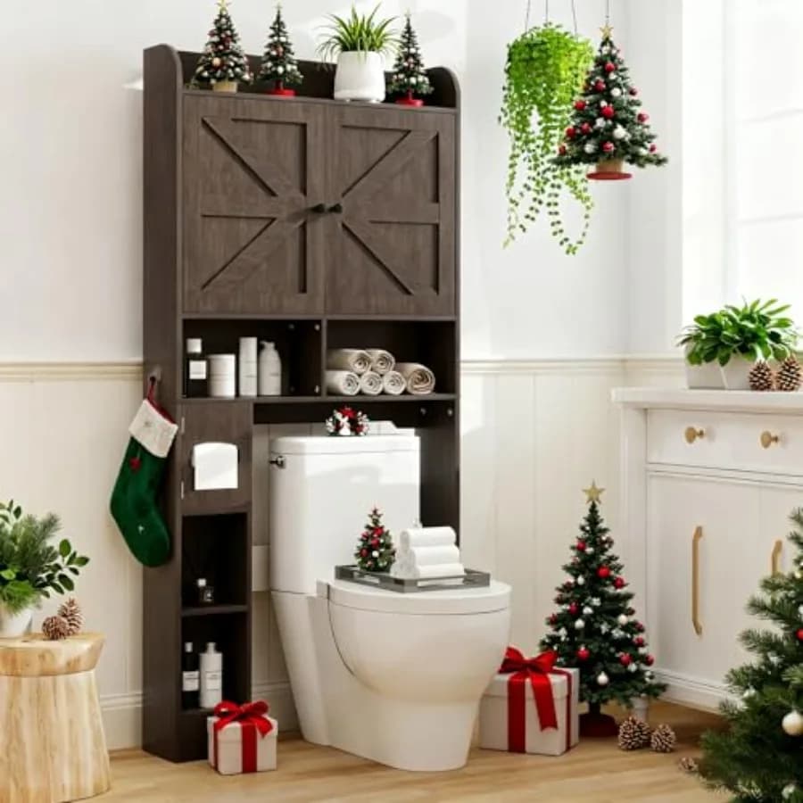 Mobiletto da bagno salvaspazio sopra il WC, 32,3 W, stile rustico, con porta carta igienica e ante scorrevoli a persiana