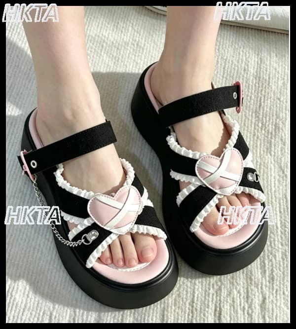 Nuove Ciabatte Estive Giapponesi Kawaii, Sandali Casual Lolita con Plateau, Dolci e Carini con Pizzo, Catena e Pois per Donne