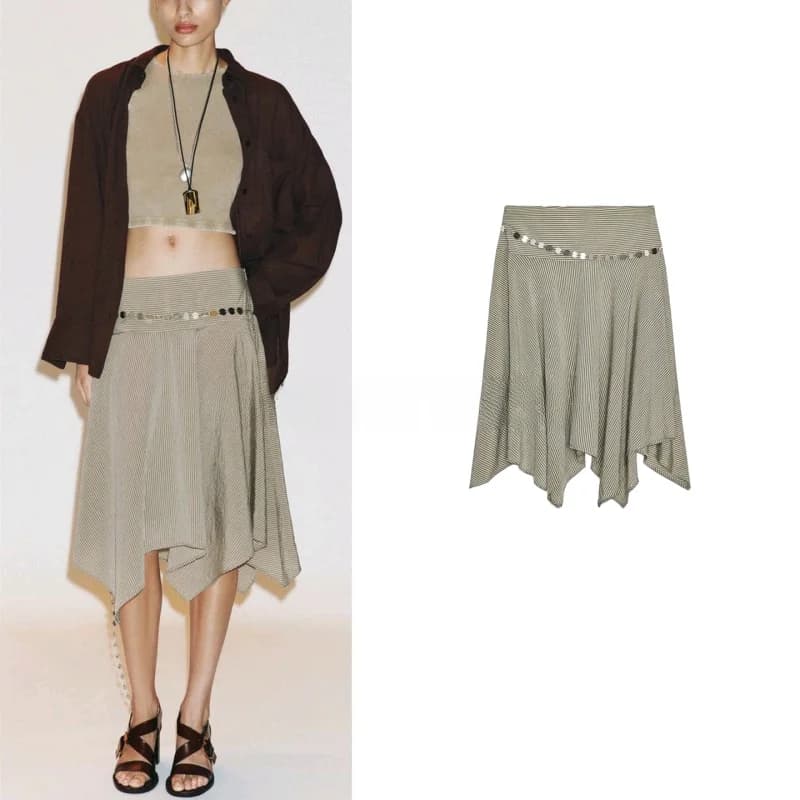 Summer New Women's Hepburn Sle Asymmetric High Waist Stripe Belted Midi Skirt Casual Polyester Fiber Loose Fit 6929500