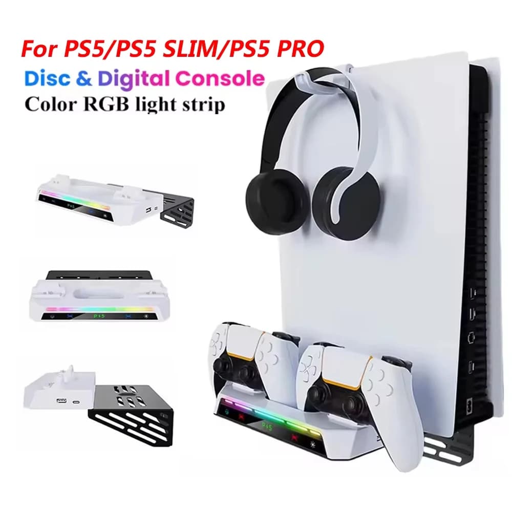 Kit di montaggio a parete con luce RGB per console PS5/Pro/Slim Stazione di ricarica per doppio controller Gancio per cuffie per accessori PS5
