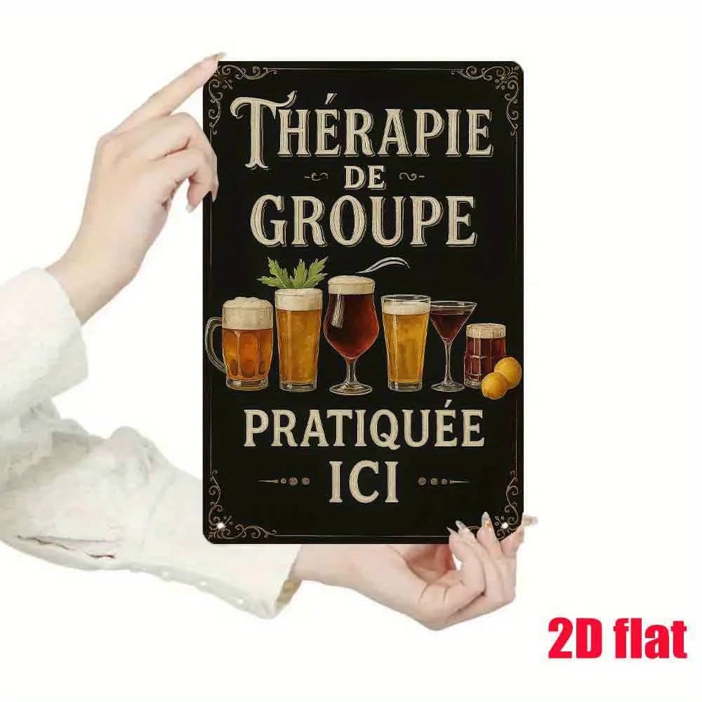 Targa in alluminio francese vintage "Therapie de Groupe Pratique Ici" - Arte da parete rustica con illustrazioni di tazze di birra, impermeabile per esterni