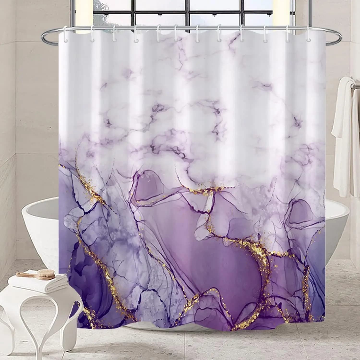 Tenda da doccia in marmo viola per bagno, set di tende in tessuto impermeabile astratto con 12 ganci, 71x71 pollici