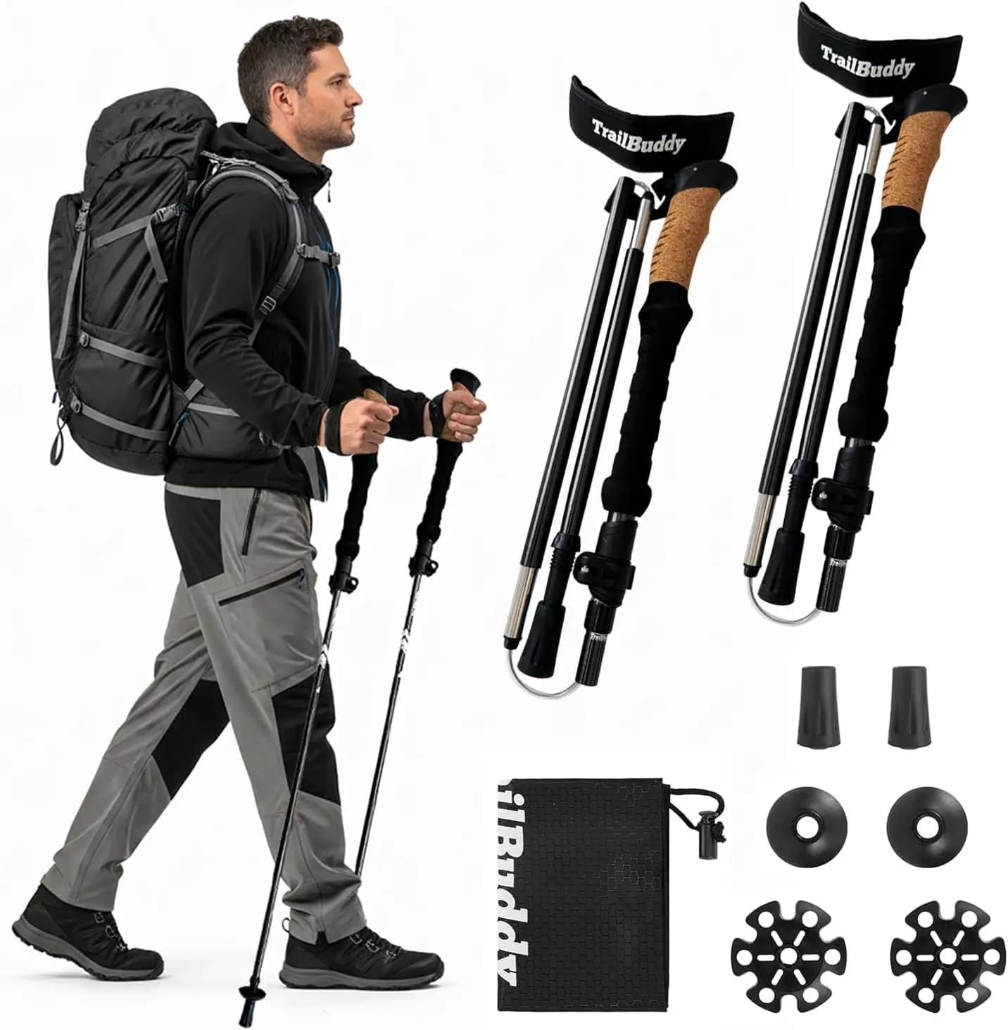 Folding Trekking Sticks – Ultralight Aluminum 7075, EVA and cork grip, adjustable trekking poles for men, women, elderly