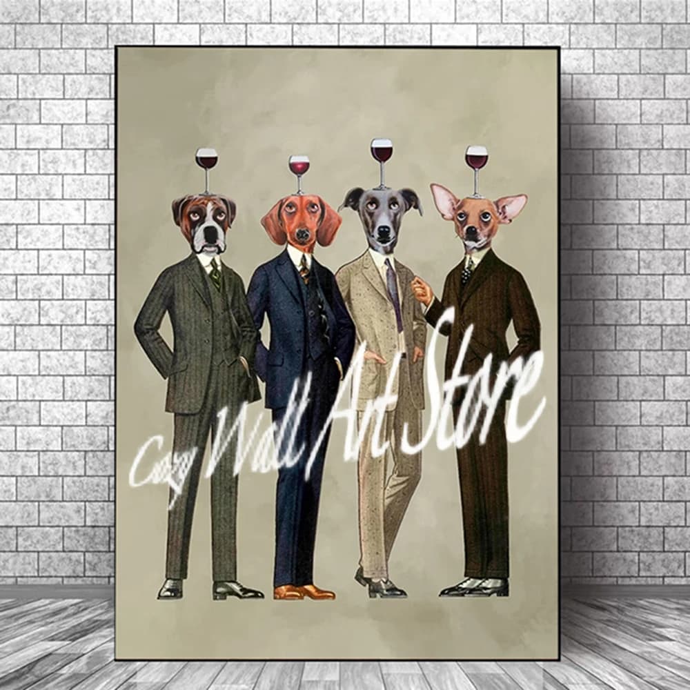 Poster su tela con stampa di persone e animali astratti, vetro di vino rosso su testa di cane, struzzo divertente e sexy in bagno, per soggiorno