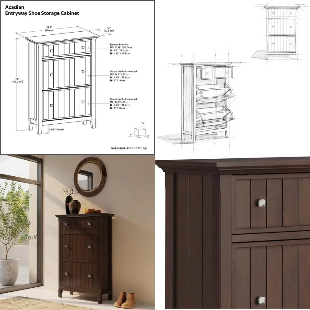 Mobiletto Portascarpe in Legno Massello da 32 Pollici, Colore Marrone Brunette, Stile Transizionale con Cassetto e Ferramenta in Nichel Spazzolato