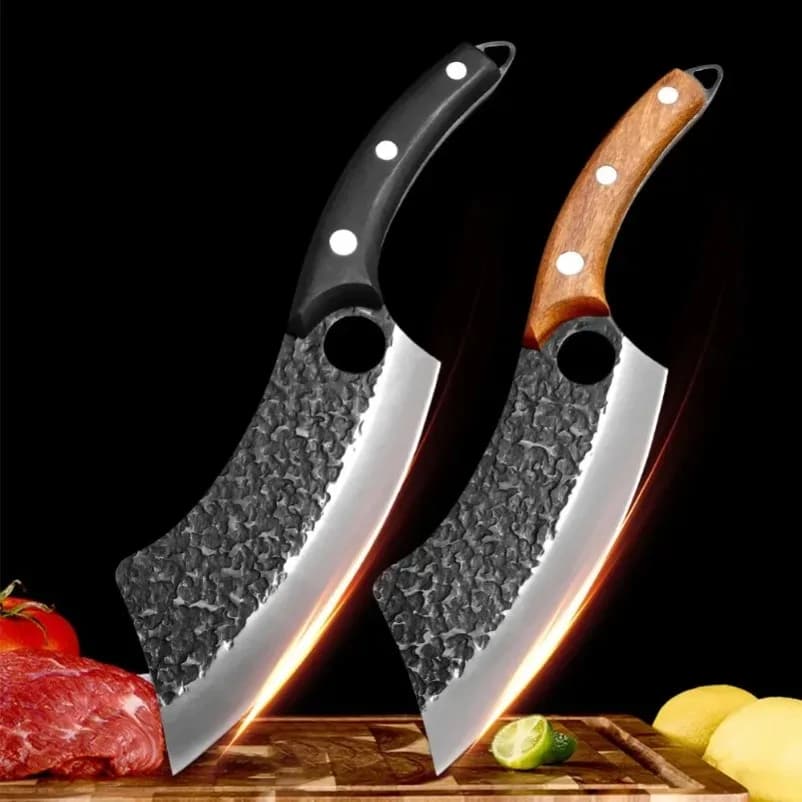 Coltello per affettare manico in legno con foro per le dita Coltello da cucina Full-Tang Mannaia per carne Tritare verdure Coltello da macellaio per chef domestico