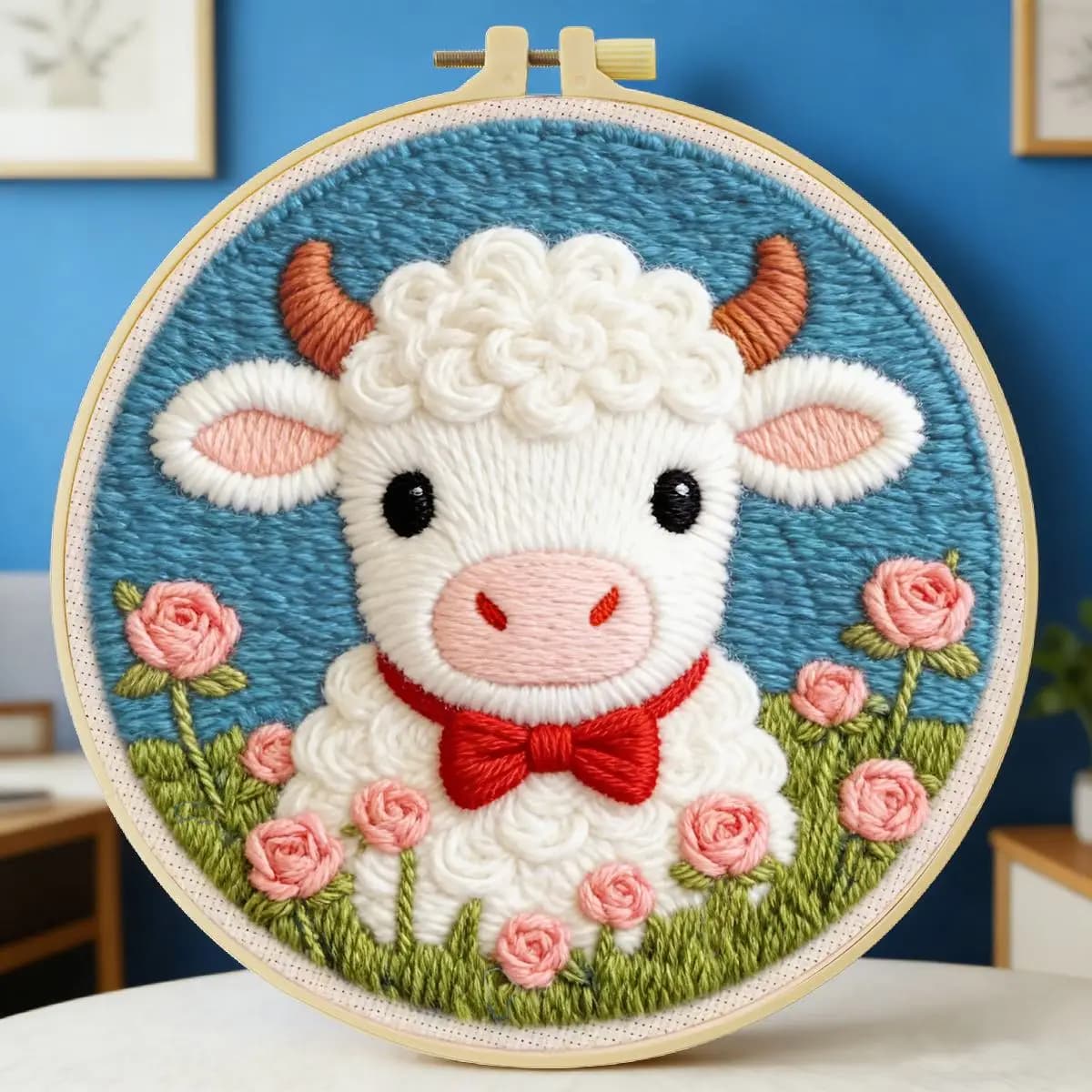 Kit per ricamo a punto punch con motivo mucca 20x20 cm/7,87 pollici, per ricamo a punto unico, ricamo a maglia, fai da te, regalo fatto a mano, decorazione per la casa