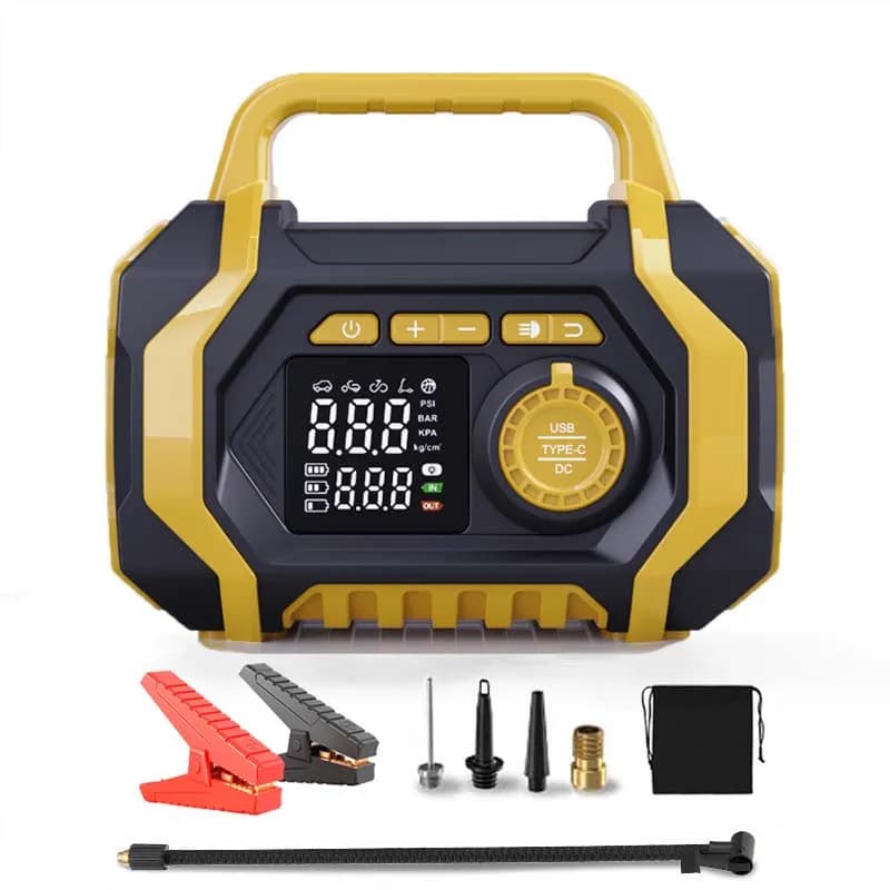 Avviatore di emergenza con compressore d'aria, avviamento di emergenza per batteria per auto portatile da 7000 A (10 litri di gas/8,5 litri diesel), caricabatteria da 12 V