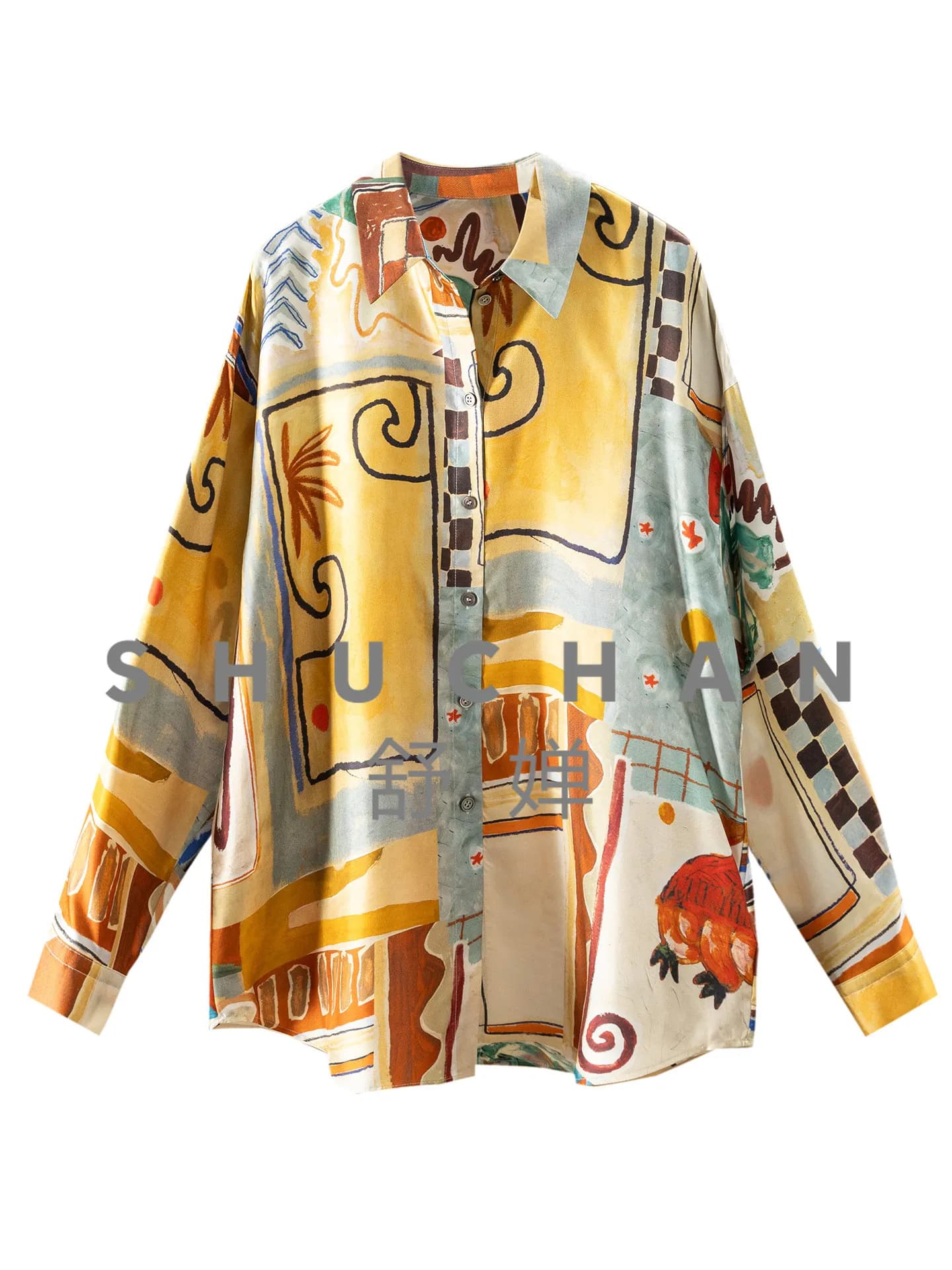 Camicia da donna in twill di seta con pittura a olio artistica e pendolo ad arco, con lacci, 05M8, Top da donna, Blusa Feminina
