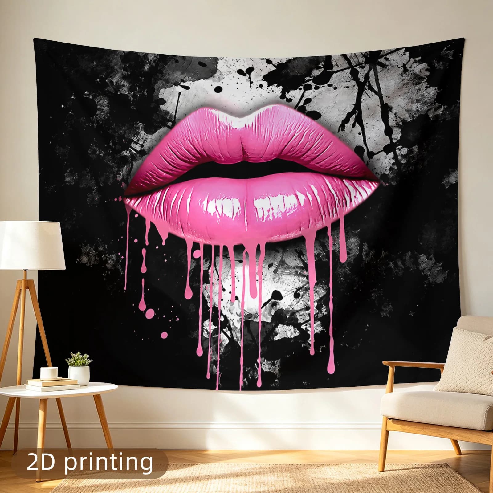 Dramatic Pink Lips Tapestry Wall Hanging Abstract Art Decor Print Trendy Glamour Kiss Makeup Pop Culture Gothic Style Bedroom Li