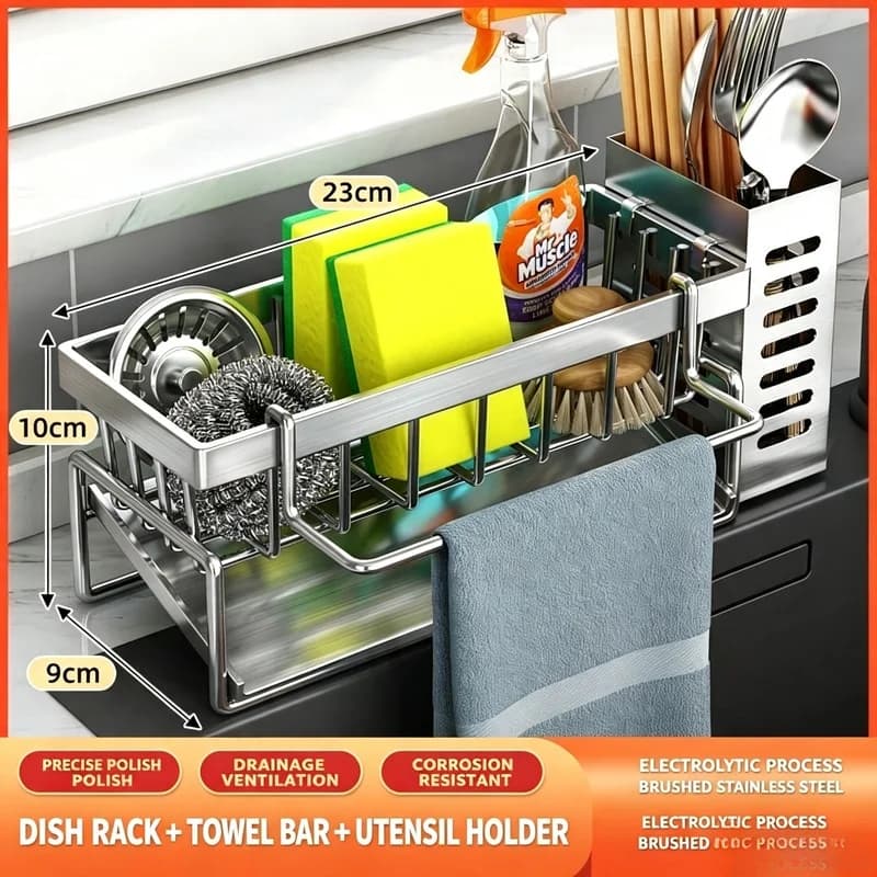 Multifunctional Stainless Steel Sink Drain Storage Rack, Kitchen Organizer for Sponge, Cleanser, Rag, Cleaning Tools