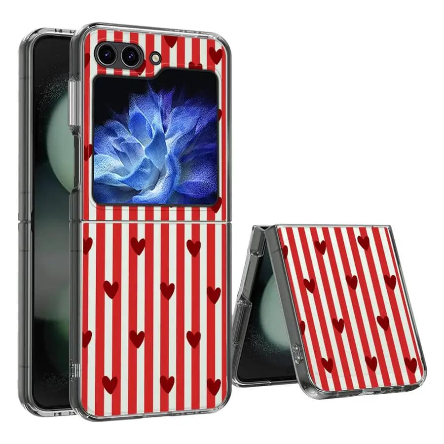 Cover Rigida per Samsung Galaxy Z Flip 7, Z Flip 6, Z Flip 5, Z Flip 4, Z Flip 3, Z Flip 7 FE - Motivo a Strisce e Cuori