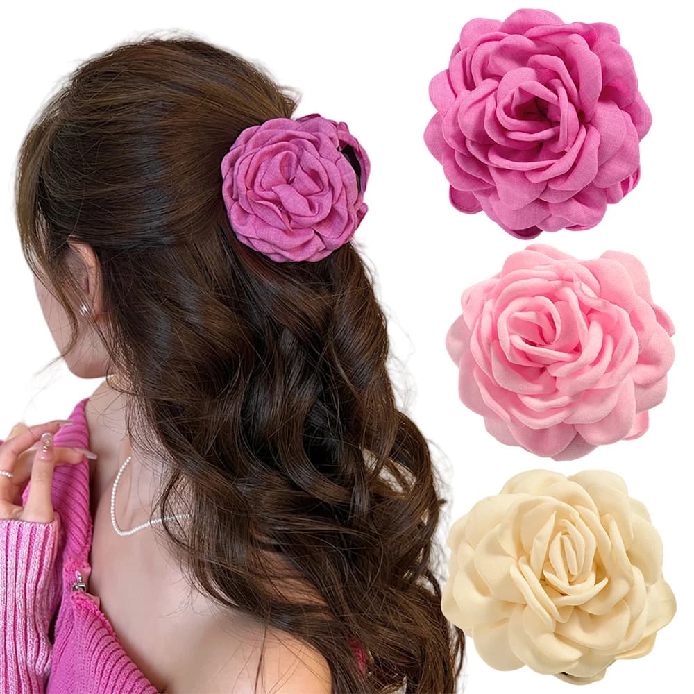 Set di 3 Fermagli per Capelli a Forma di Rosa in Tessuto di Cotone per Donne, Accessori Coreani Stile Shark Clip