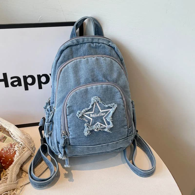 Zaino in Denim Y2K alla Moda per Donne, Blu Lavato con Patch a Stella Sfilacciata, Nuova Borsa Scolastica, Zaino Casual da Viaggio, Mochila