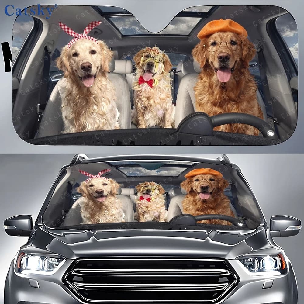 Car Parasol with Three Dog Picture Seats on Poster Seat, Solar Protection for Front Window