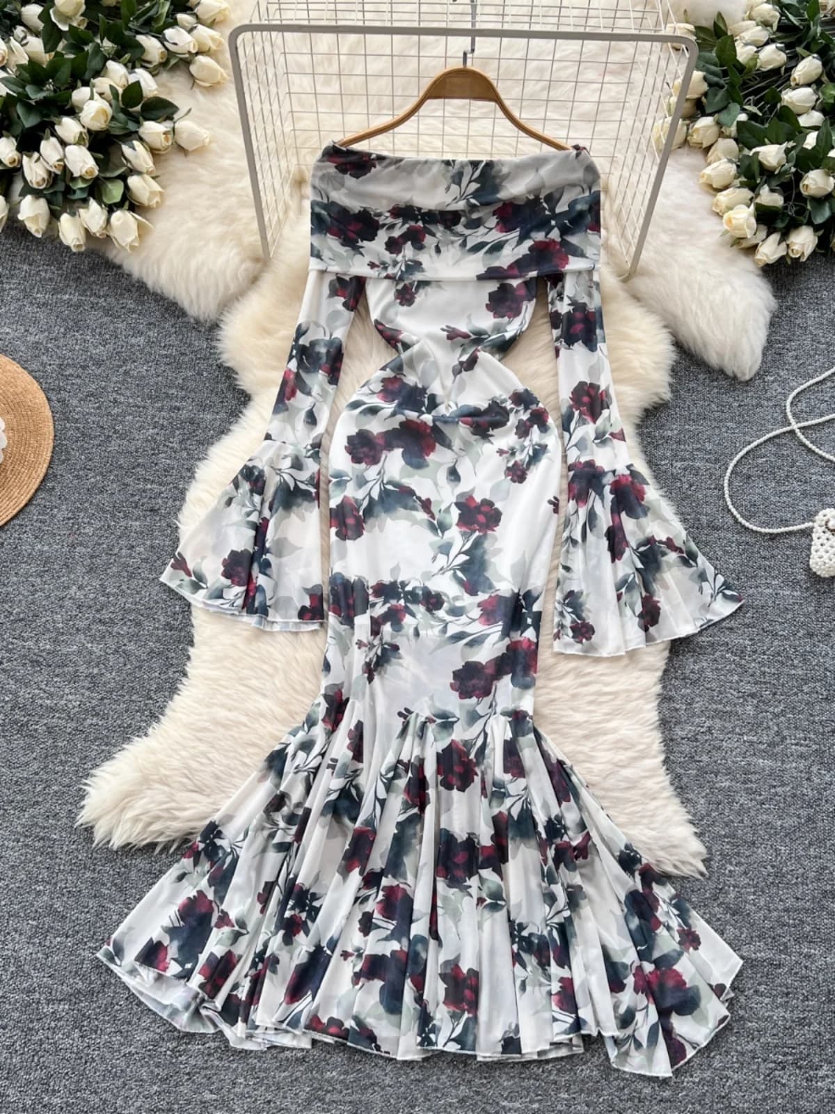 Elegante Abito a Vita Alta con Stampa, Monospalla, Manica a Balcone, Stile Coreano, Vestito Midi a Maniche Lunghe con Effetto Snellente