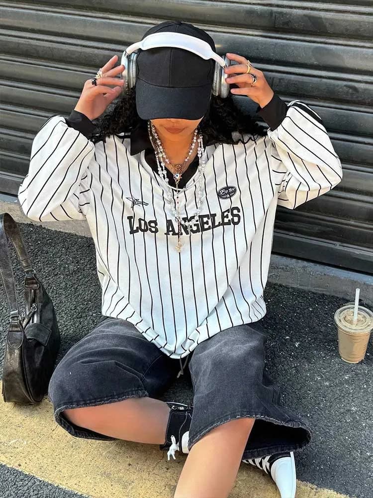 Striped letter printed casual style long sleeved V-neck top loose sports style fashionable women's T-shirt