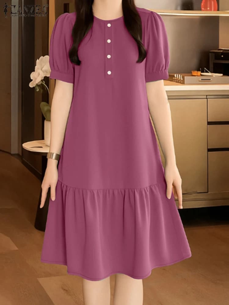 ZANZEA Women's 2025 Summer Dress Stylish Short Sleeve Smooth Summer Dress Solid O-Colle Knee Dress Elegant Holiday Dresses