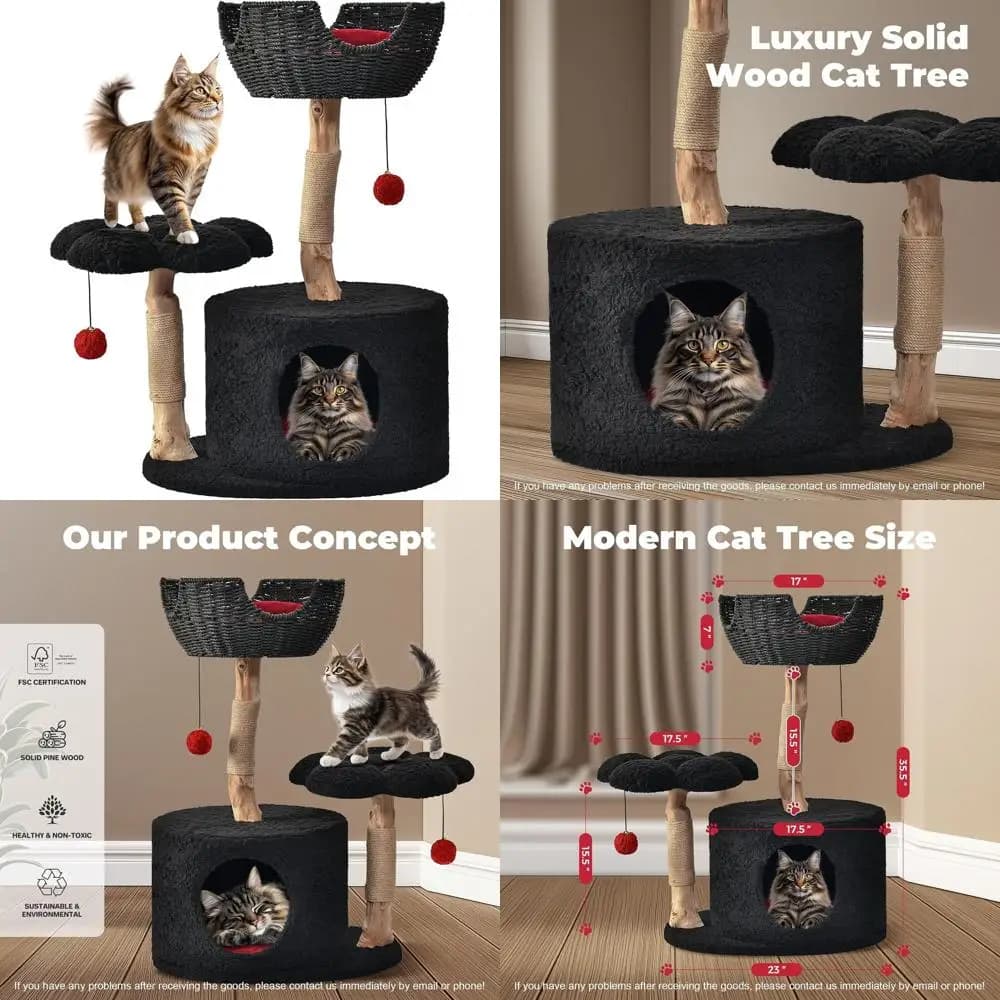 Torre moderna di lusso per gatti neri per gatti di grandi dimensioni con tiragraffi e piattaforme floreali