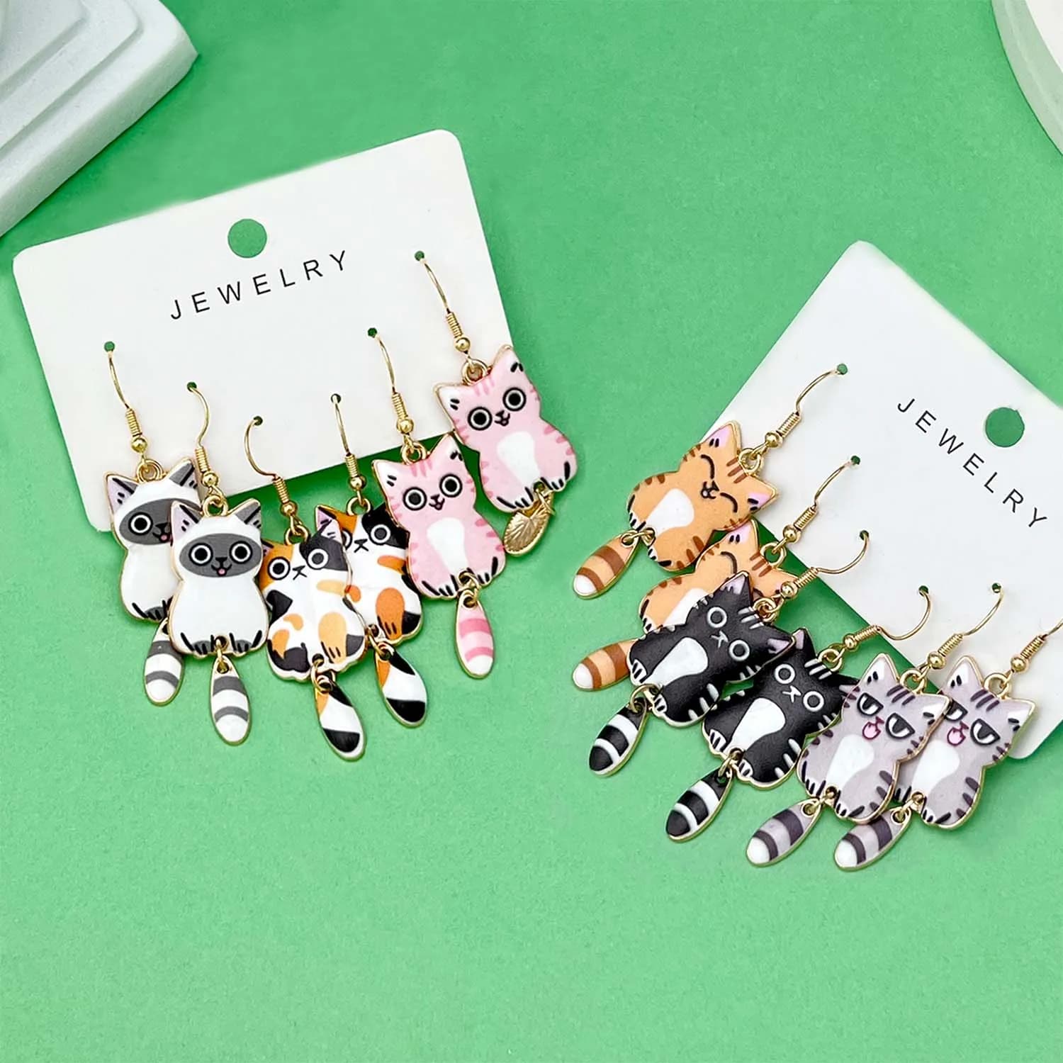 3 Pairs/Set Fashionable Enamel Cartoon Cute Cat Design Earrings, Jewelry Gifts For Women And Girls