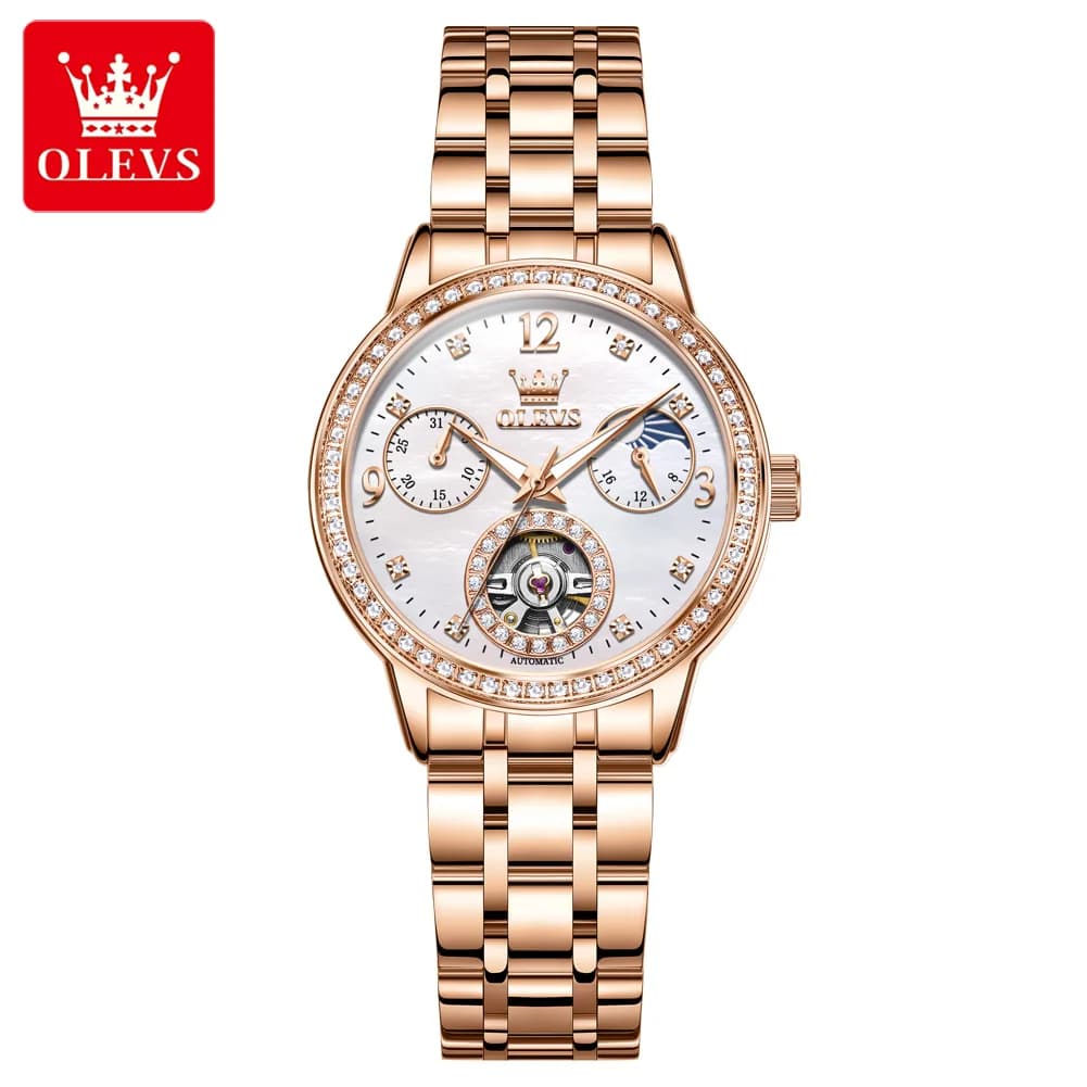 Orologio Meccanico da Donna OLEVS, Automatico Scheletrato con Tourbillon, Orologio di Lusso Originale con Fasi Lunari, Regalo per Donna