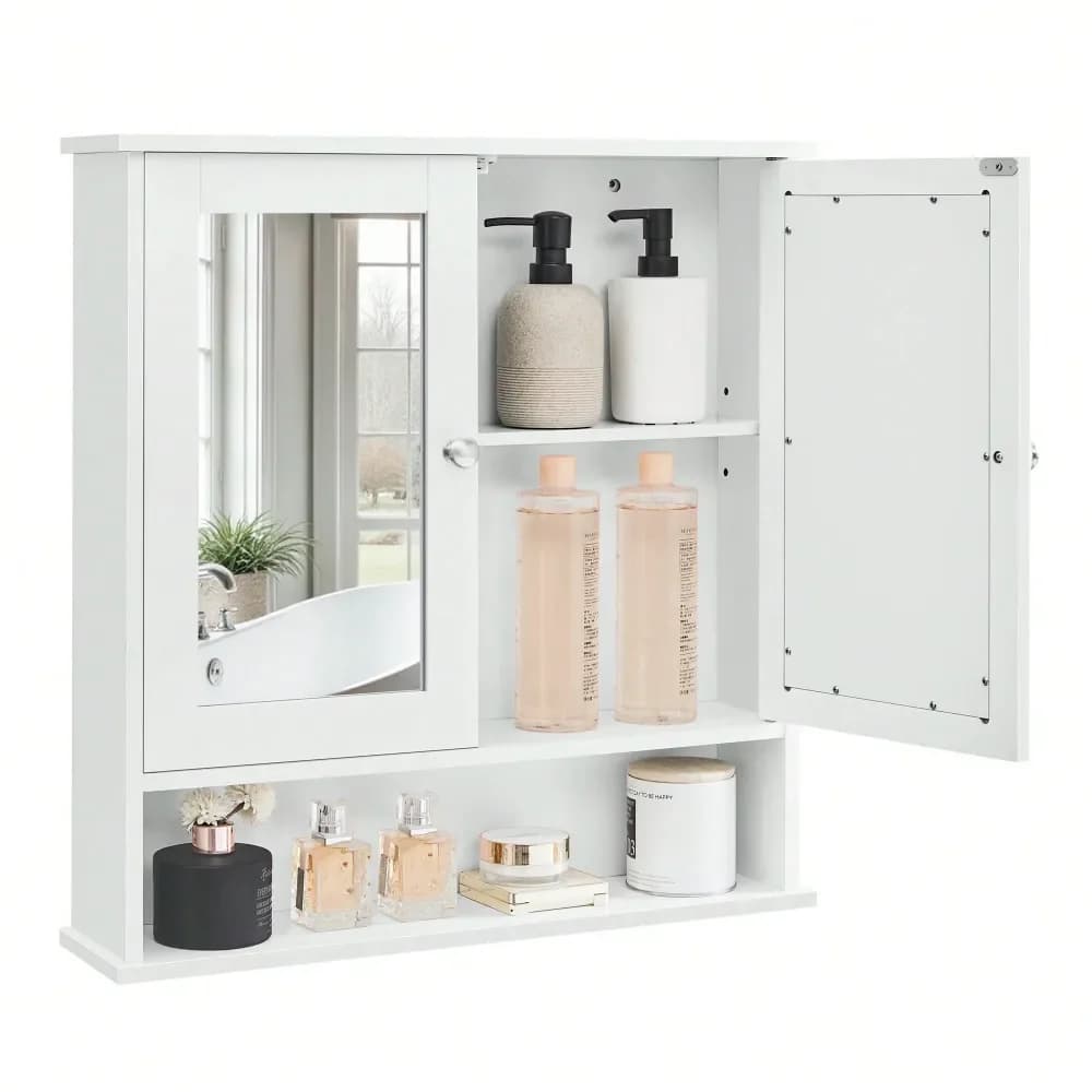 Mobiletto da bagno con specchio, mobiletto a parete con 2 ante a specchio, ripiano regolabile, scomparto aperto, montaggio a parete, 5,1 x 22,2 x
