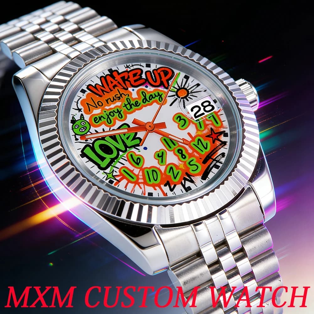 Orologio di Lusso Cinese NH35 con Cassa da 36mm/39mm, Orologio da Uomo con Quadrante Graffiti NH35, Quadrante con Testo Blu, Vetro Zaffiro, Impermeabile 10ATM