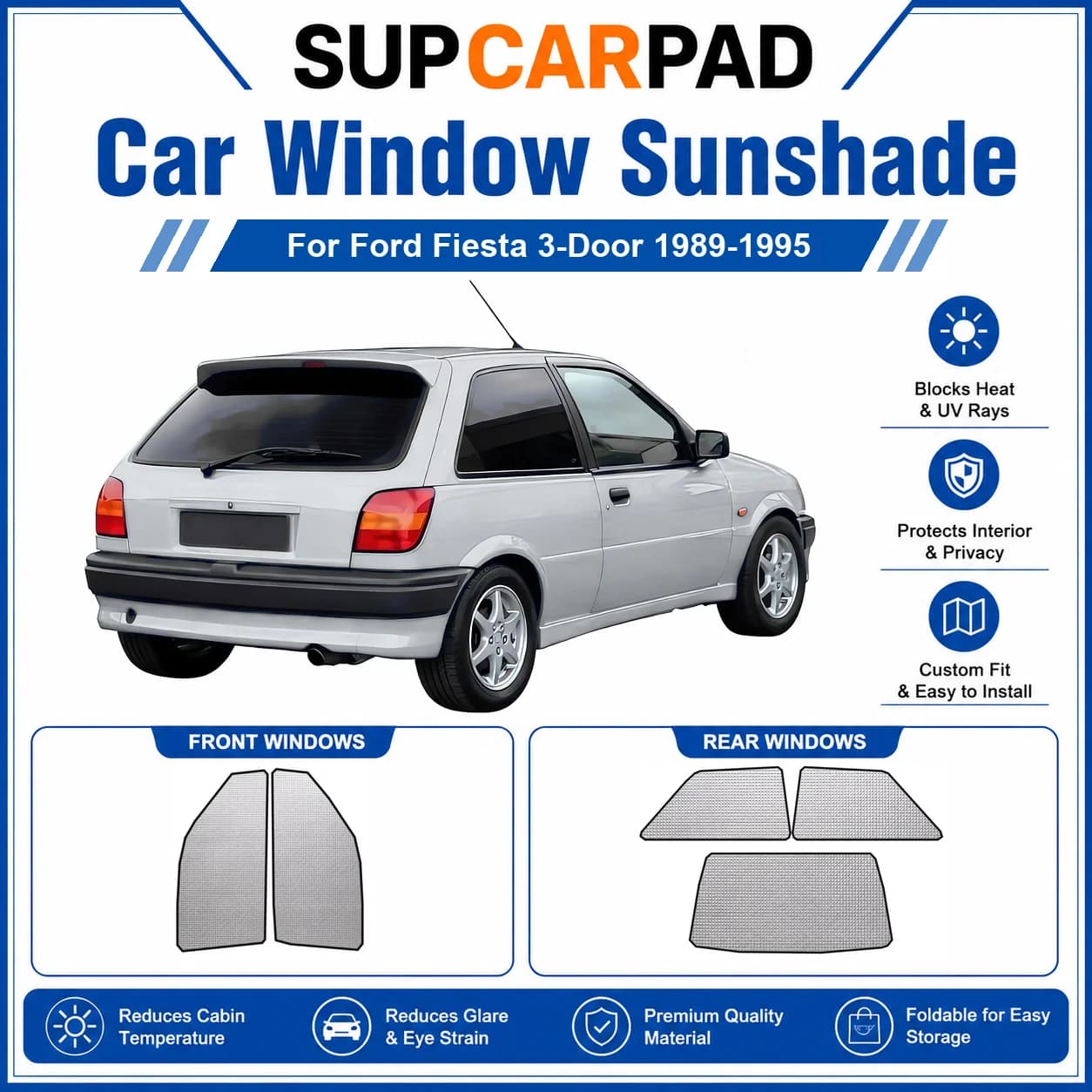 For Ford - Ford Fiesta 3-Door 1989-1995 Full Set Car Window Sunshades UV Block Privacy Heat Insulated Foldable Car Curtain