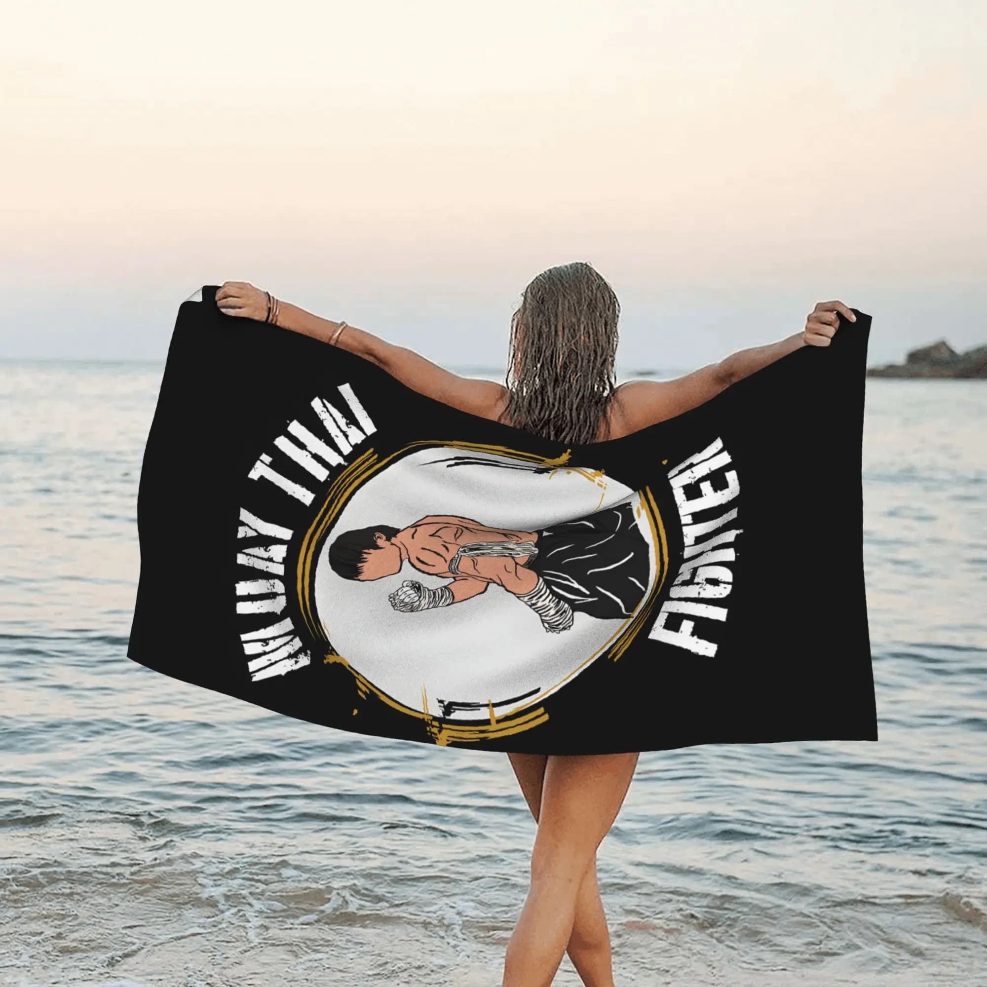 Asciugamano da spiaggia con stampa Muay Thai Fighter – Design sportivo da boxe, ad asciugatura rapida, assorbente per uso all'aperto e in viaggio