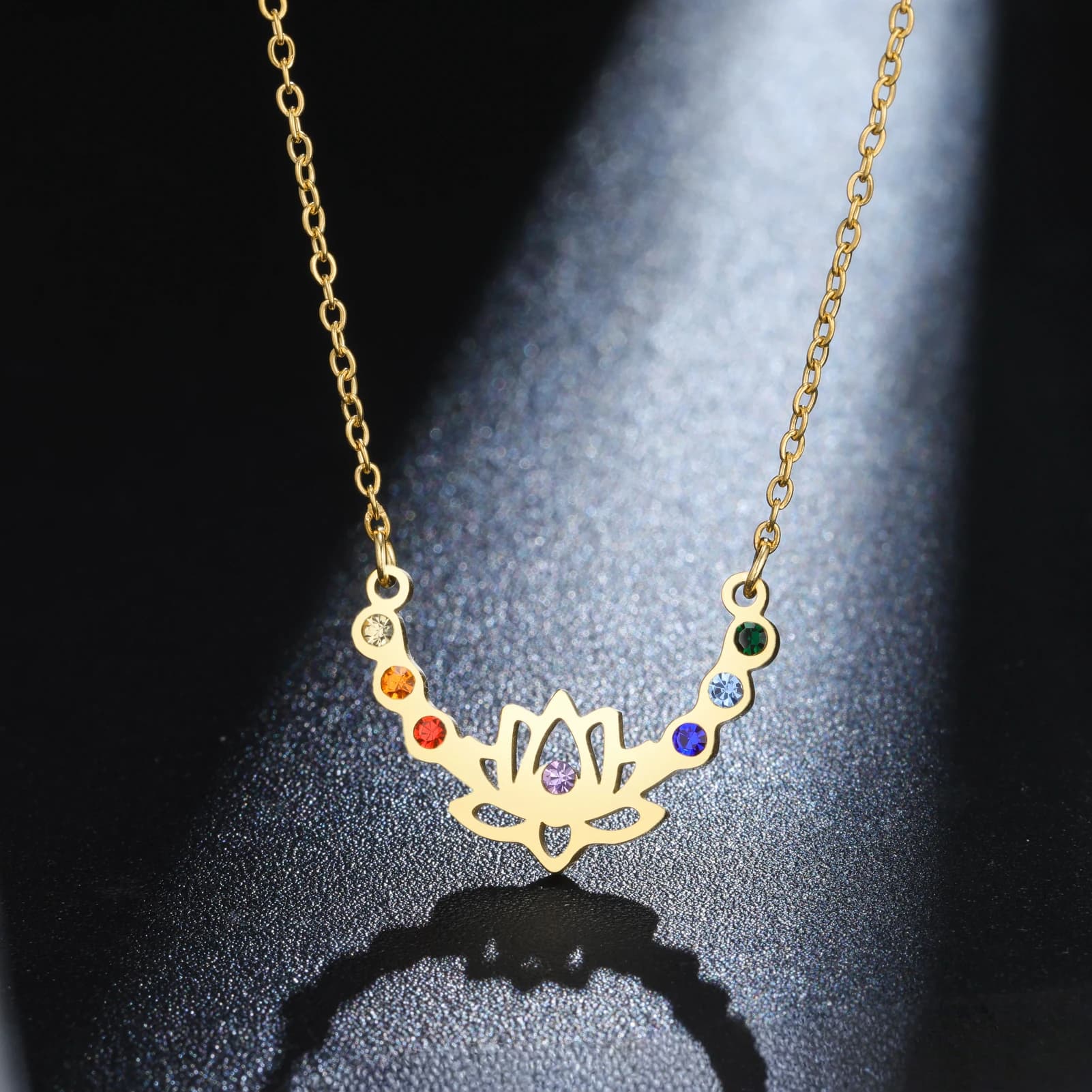 Hollow Lotus 7 Chakra Necklace Stainless Steel Lotus Colored Zirconia Bone Lock Chain Meditation Yoga Symbol Jewelry Gift
