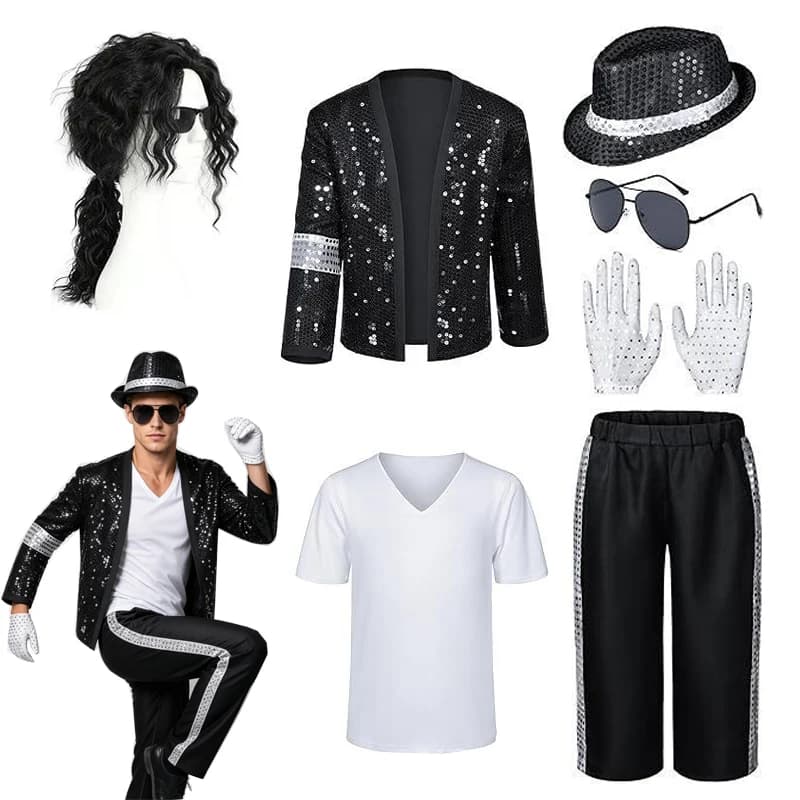 Adult Women Men 80s 90s Pop Star Michael Jackson Cosplay Costume Wig Halloween Stage Performance Hip Hop Dance Family Clothing