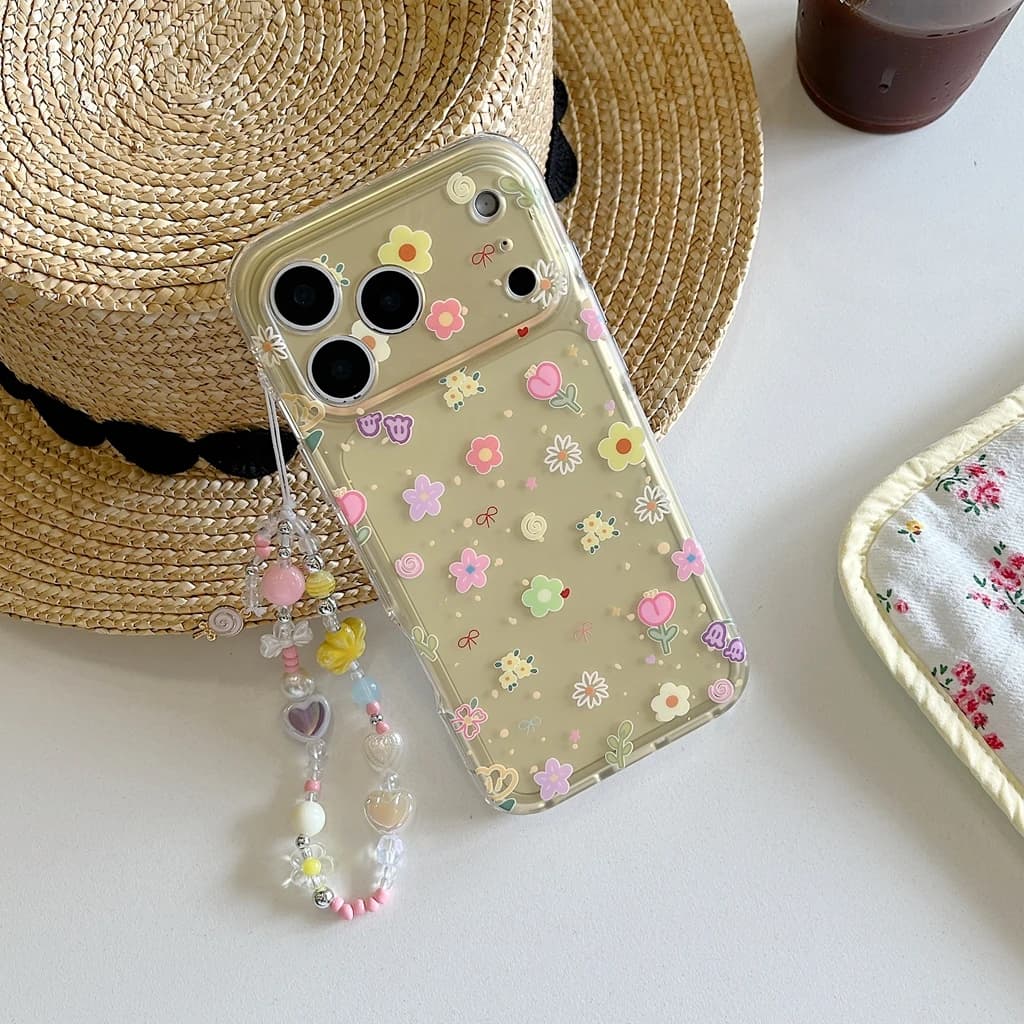 Custodia per telefono con motivo floreale colorato e grazioso, gialla semi-trasparente opaca con ciondolo a perline per iPhone 17 16 15 14 Pro Max