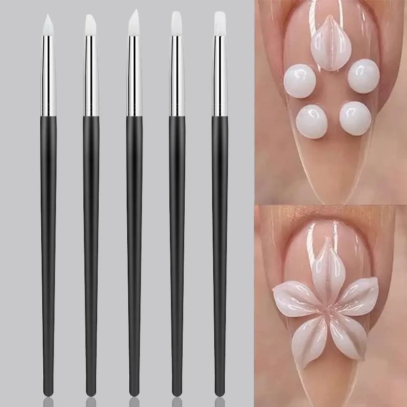 5PCS Silicone Nail Art Carving Pen 3D Flower Painting Sculpting Bursh Wood Handle Gel Polish Modeling Dotting Brush ManicureTool