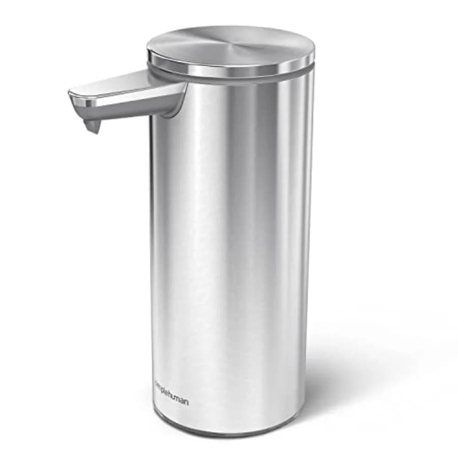 Touch-Free Rechargeable Sensor Liquid Soap Pump Dispenser for Bathroom, Brushed Stainless Steel, Silver, 9 oz. Capacity with Le