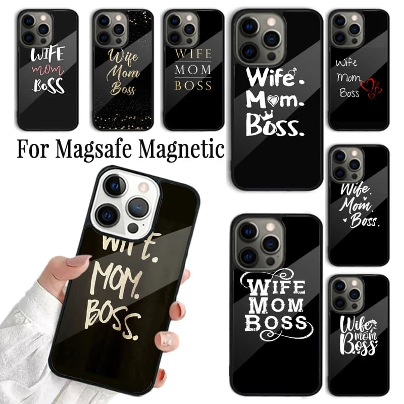Cover per iPhone con Citazioni 'Wife Mom Boss' per iPhone 17 AIR 16 15 14 13 12 11 Pro Max Plus, Custodia Magnetica Wireless Magsafe