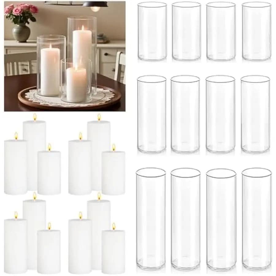 24 Pcs White Pillar Candles with Glass Candle Holder Hurricane Glass Candle Holders Clear Cylinder Vases for Centerpieces Weddin