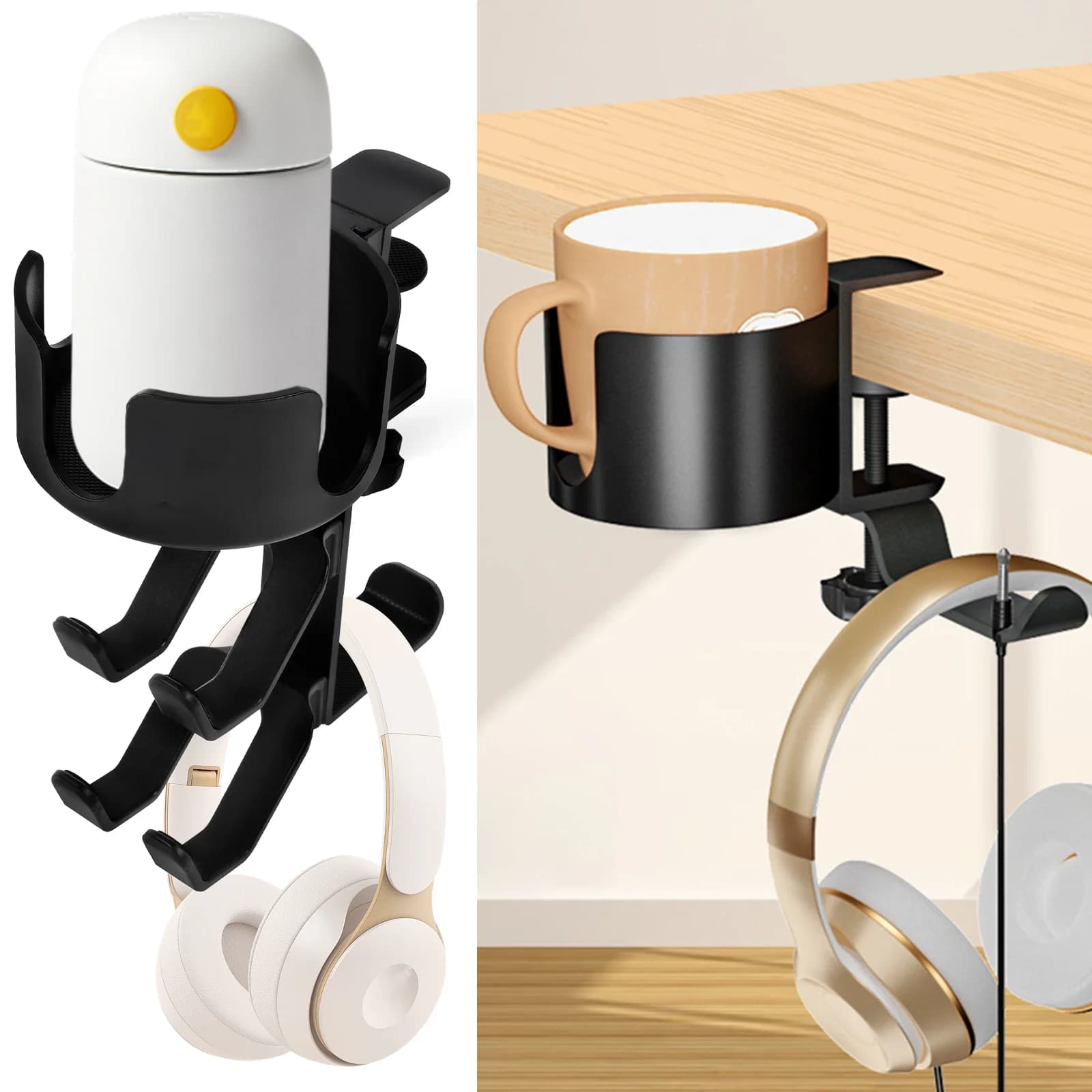 Desk Headphone Holder 2 in 1 Universal Play Headphone Holder Desktop Computer Hook Holder Fixed Beverage Cup Holder