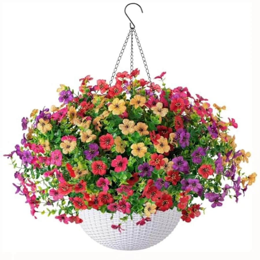 Piante Artificiali Pendenti in Cesto per Decorazioni Esterne Primavera Estate, Fiori Finti in Seta Resistenti ai Raggi UV Realistici