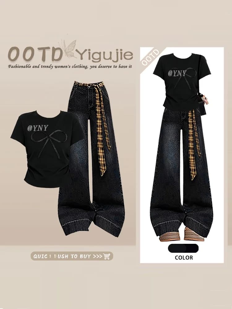 Korean Sweet Knot Black Retro round Neck Short Sleeve Top Summer Deep Blue Wide Leg Two Piece Set Women's Jeans