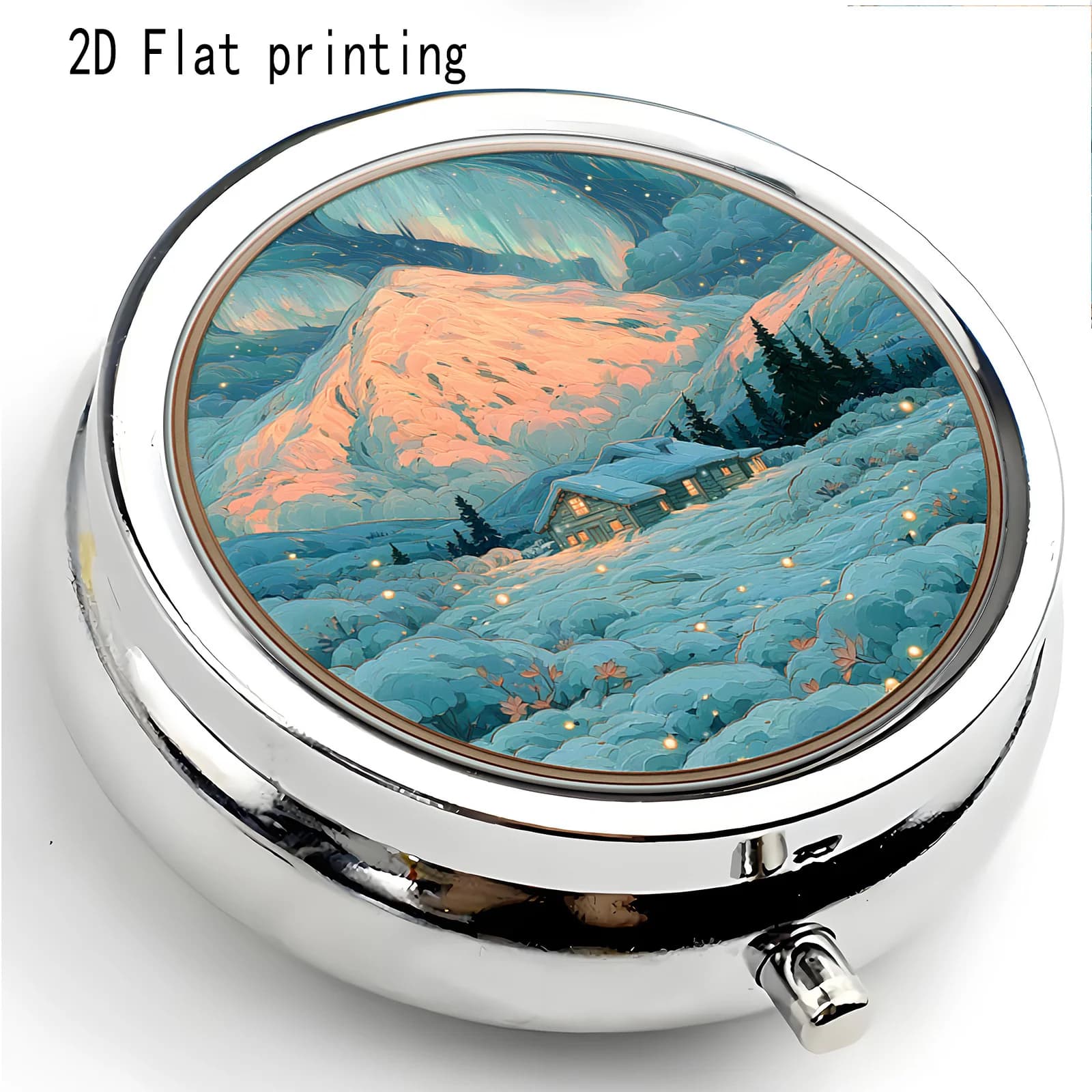 1-Piece Flat Printed Round Metal Pill Organizer——Portable Travel Medicine Case, Equipped with Dedicated Compartments for Daily Vitamins and Dietary Supplements; Compact Pocket Wallet-Style Storage Design, Suitable as a Birthday or Holiday Gift for Women, Features a Flat Shape.
