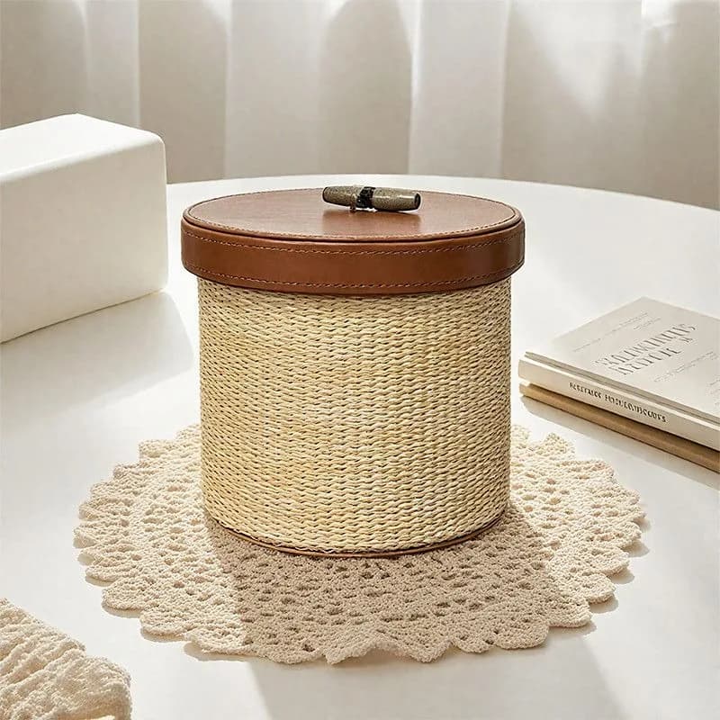 Retro Rattan Organizer Box Round Storage Boxes Decorative Accessory Organization Case Luxury Desk Organizing Cases with Lid