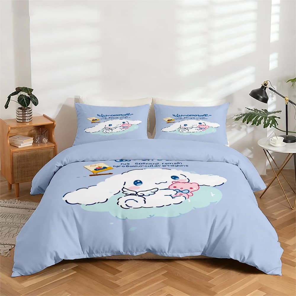 Set of bed linen with digital print in 3 pieces with Cinnamoroll pattern, set of duvet with large floral design, includes 1 headdress + 2 pillowcase, suitable for bedroom, guest room, home decoration, duvet + polyester fiber pillowcase, ultra soft bed linen, thick fabric, suitable for all seasons, washing machine