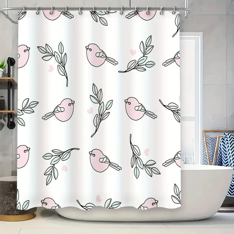 Delizioso arredamento da bagno: tenda da doccia con foglie di uccelli rosa per bagno moderno, decorazione elegante con motivo floreale morbido a forma di cuore