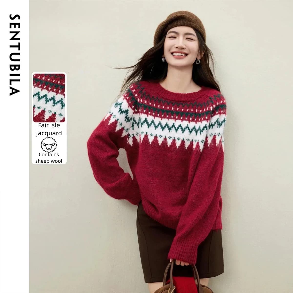 SENTUBILA Maglione natalizio da donna 2026 Invernale Fair Isle in misto lana, girocollo, maglia larga, manica lunga, top femminile W54EE5750